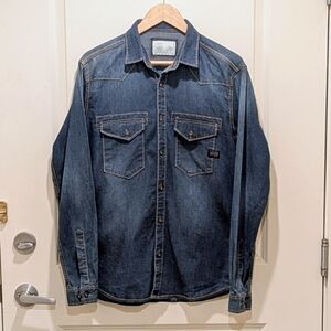 EUC G-Star Raw L Dark Wash Denim Shirt with Yellow Stitching